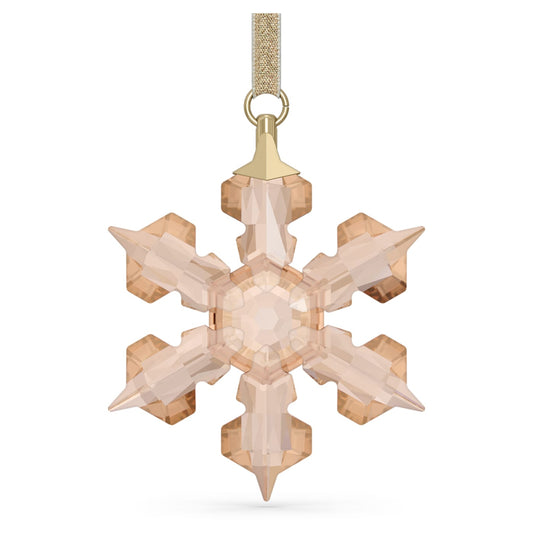 A small gold-tone crystal snowflake ornament with a golden lamé ribbon at the top.