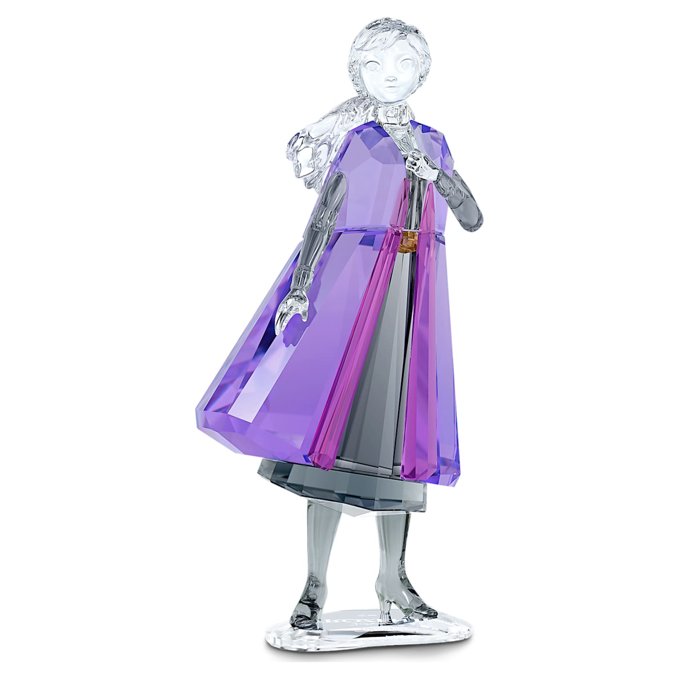 A crystal figurine of Anna from Frozen 2, portrayed with a purple and pink cloak and standing on a clear base.