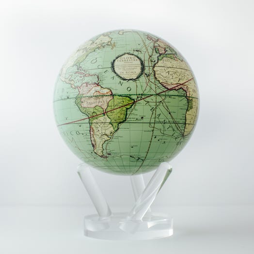 A vintage style green globe with a map from 1790, displayed on a clear stand.