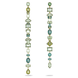 Gema drop earrings Asymmetrical design, Mixed cuts, Extra long, Green, Gold-tone plated 5613734