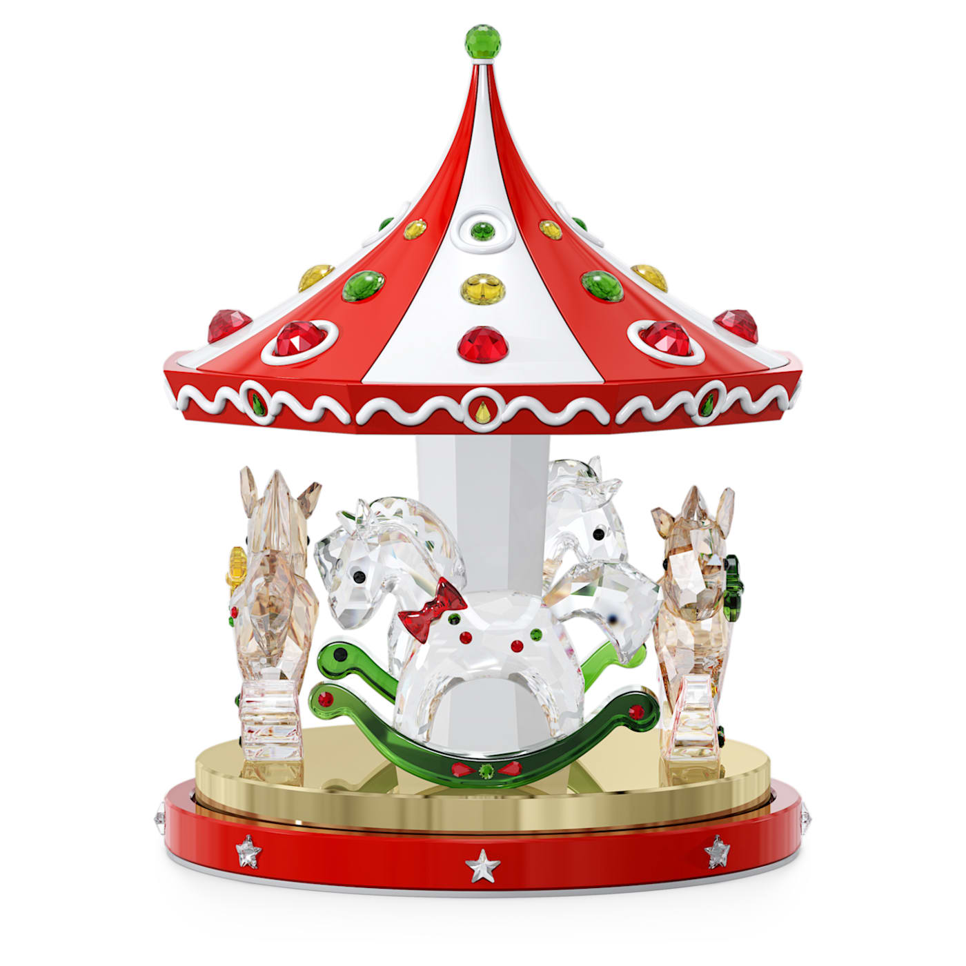 A multicolored crystal carousel with a red and white roof, silver metal platform, and white rocking horses with green and red accents.