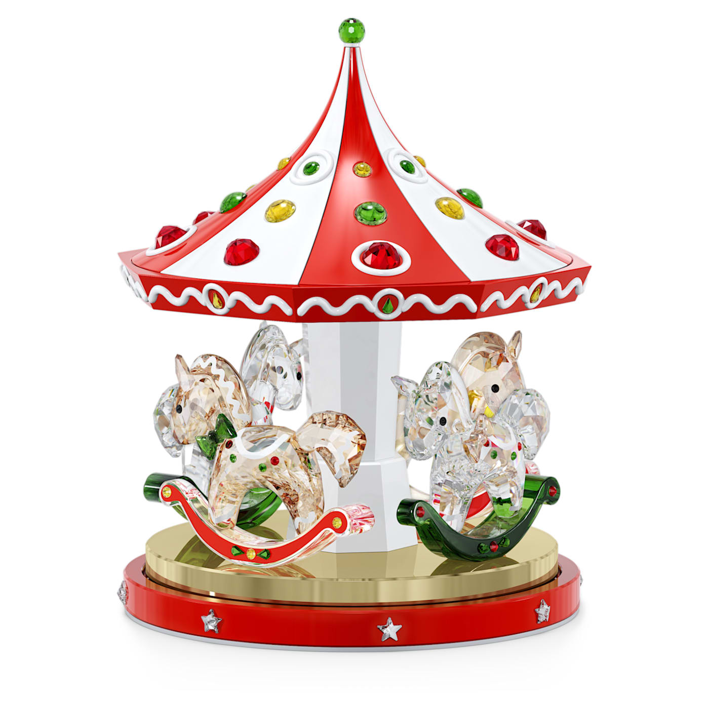 A multicolored crystal carousel with a red and white roof, silver metal platform, and white rocking horses with green and red accents.
