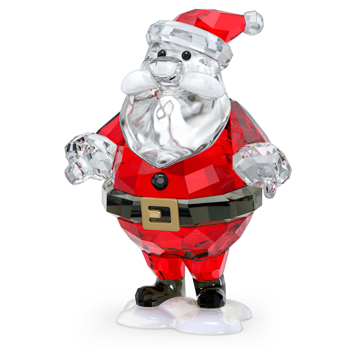 A crystal figurine of Santa Claus wearing a red suit, standing on a white base.
