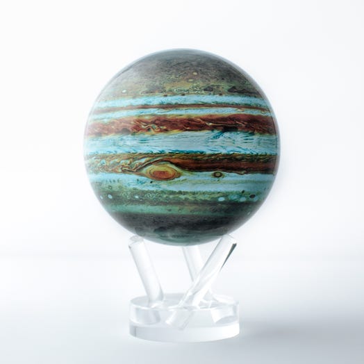 A 4.5 inch diameter globe model of Jupiter with detailed blue and brown bands, placed on a clear stand.