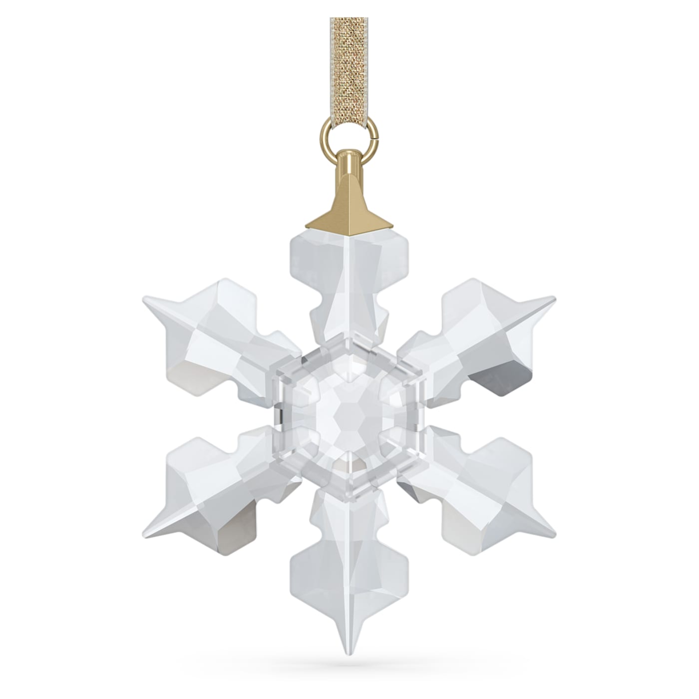 A white crystal snowflake ornament with a gold-tone lamé ribbon, featuring 170 crystal facets.