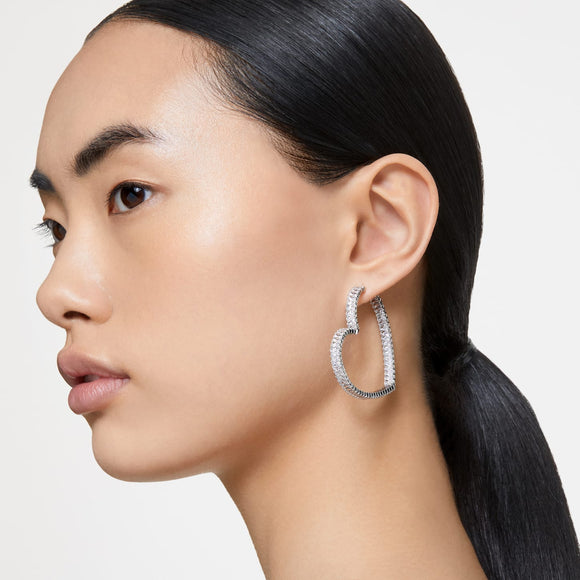 Matrix hoop earringsHeart, Large, White, Rhodium plated 5647591