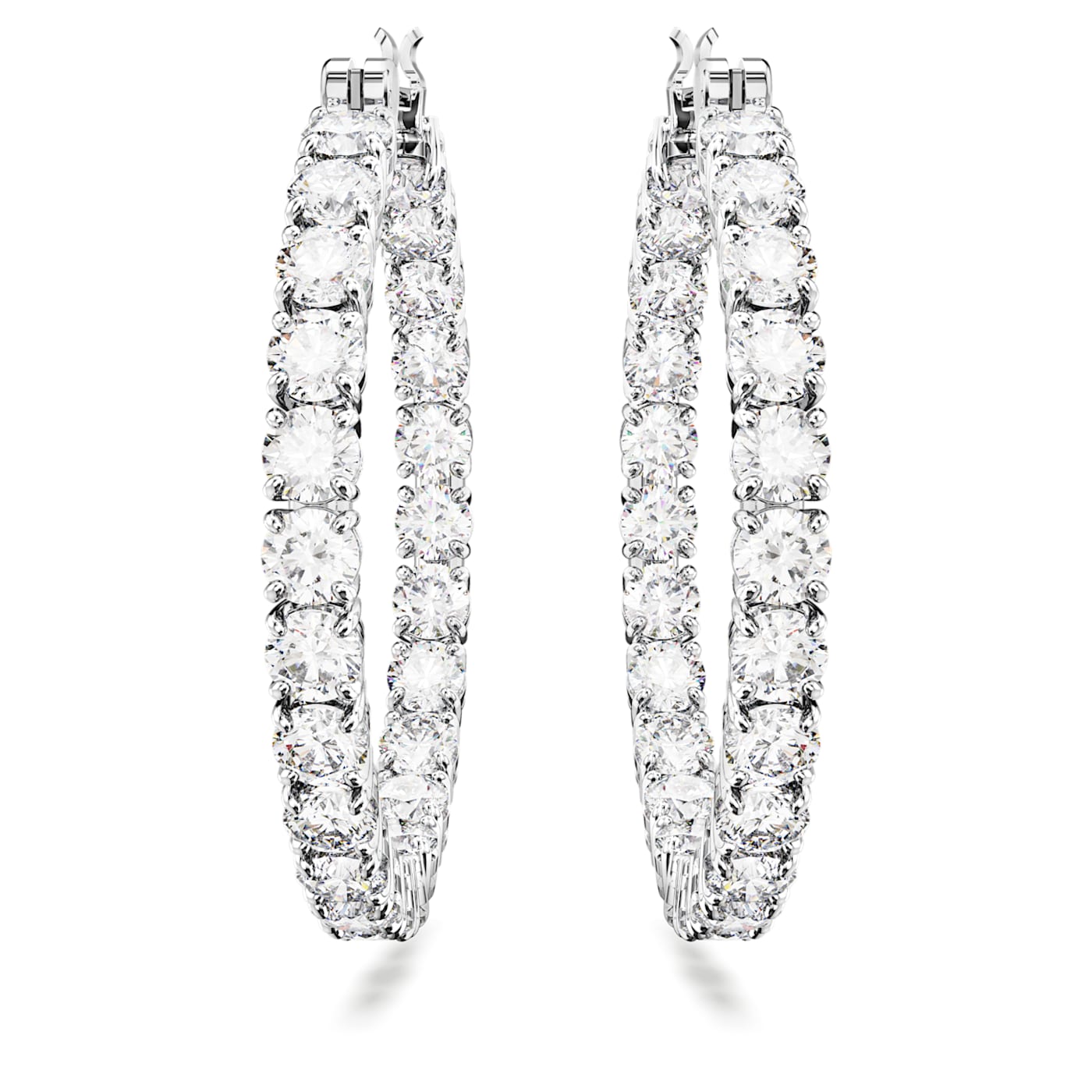 A pair of rhodium-plated, clear round zirconia hoop earrings.