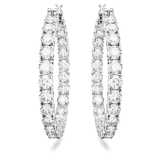 A pair of rhodium-plated, clear round zirconia hoop earrings.
