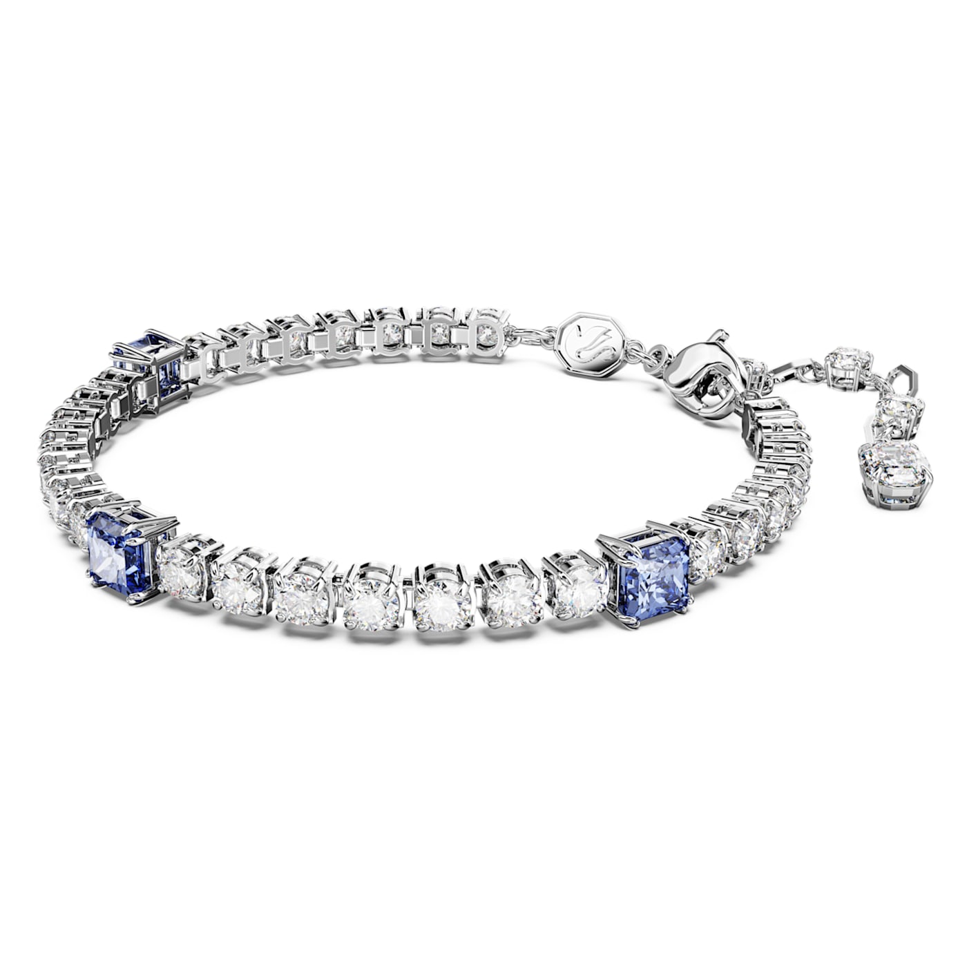 A rhodium-plated tennis bracelet with mixed cuts, featuring blue and clear crystals, and a clasp fastener.