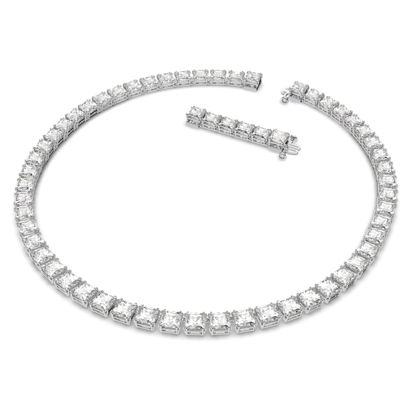A white rhodium-plated necklace with square cut crystals with extender. 