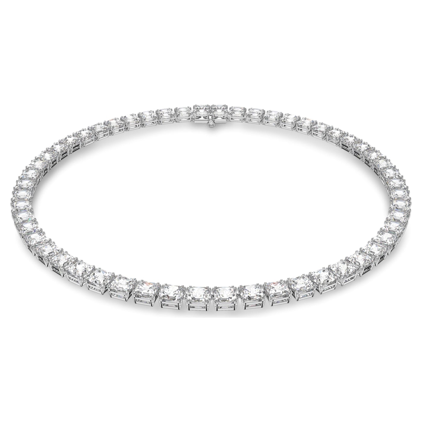 A white rhodium-plated necklace with square cut crystals from Swarovski's collection.