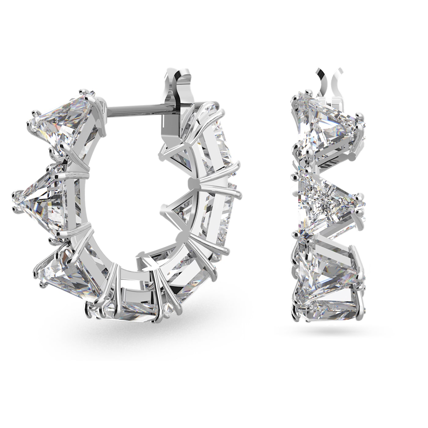 A pair of rhodium plated hoop earrings with triangle cut white zirconia stones.