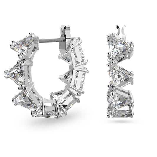 A pair of rhodium plated hoop earrings with triangle cut white zirconia stones.