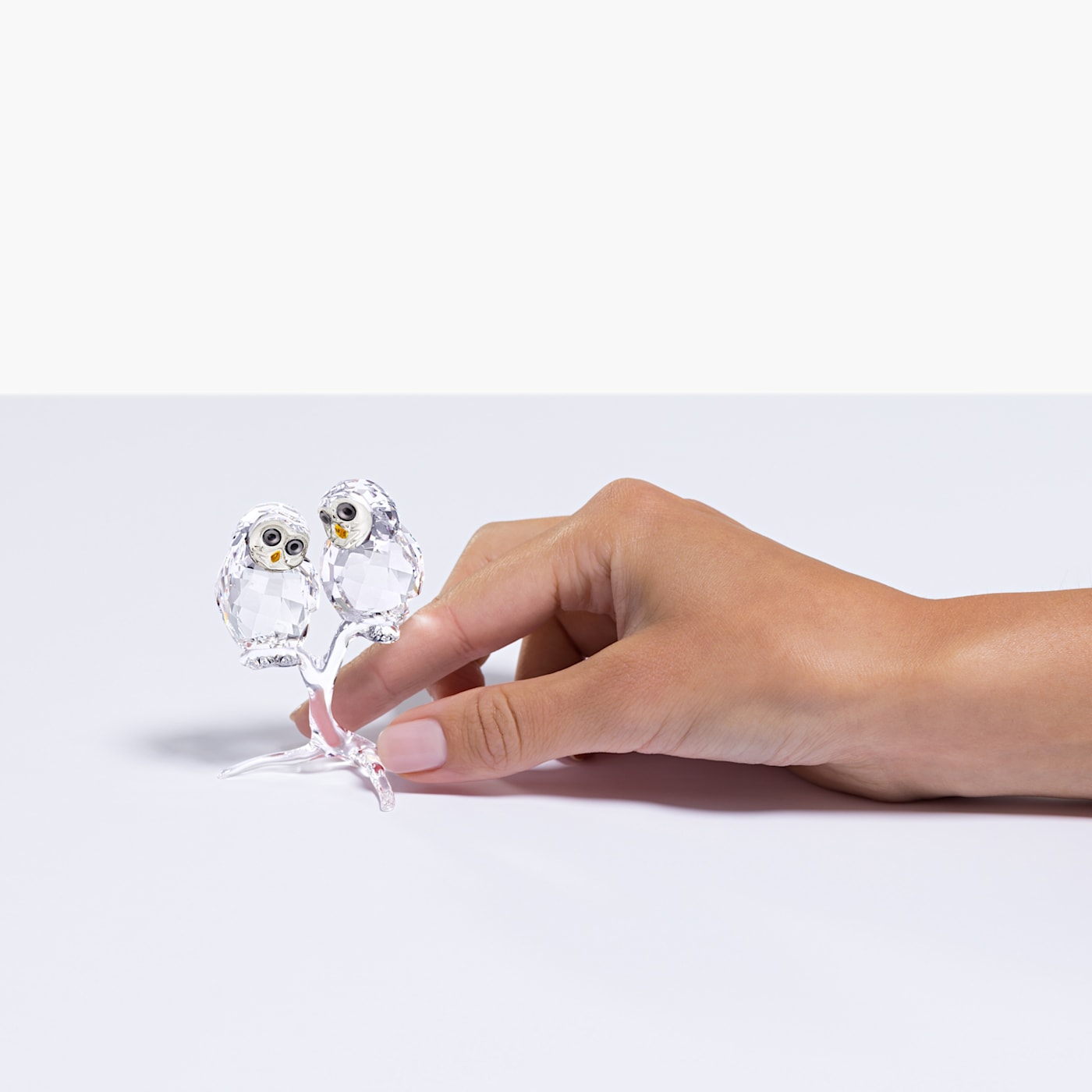 The crystal figurine of an owl couple sits next to a hand.