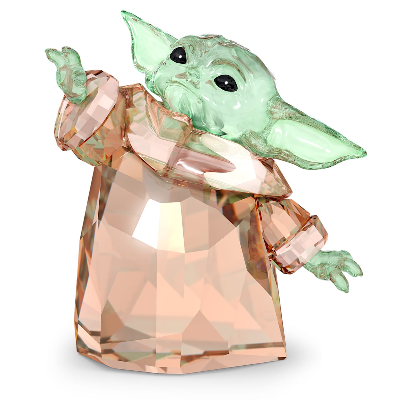 A crystal figurine of 'The Child' from Star Wars, featuring green and gold tone colors.