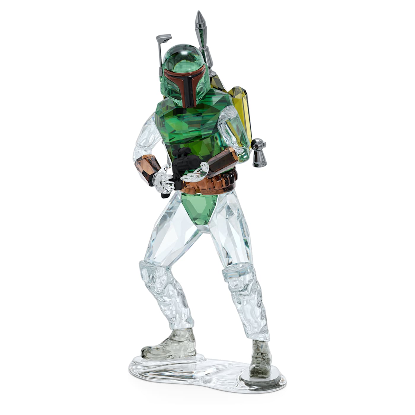 A crystal figurine of Boba Fett from Star Wars with green, brown, gray, and clear crystal facets, and black metal accents.