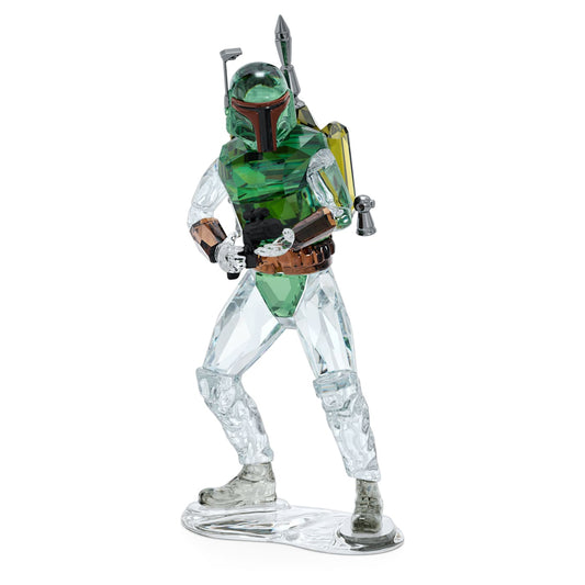 A crystal figurine of Boba Fett from Star Wars with green, brown, gray, and clear crystal facets, and black metal accents.
