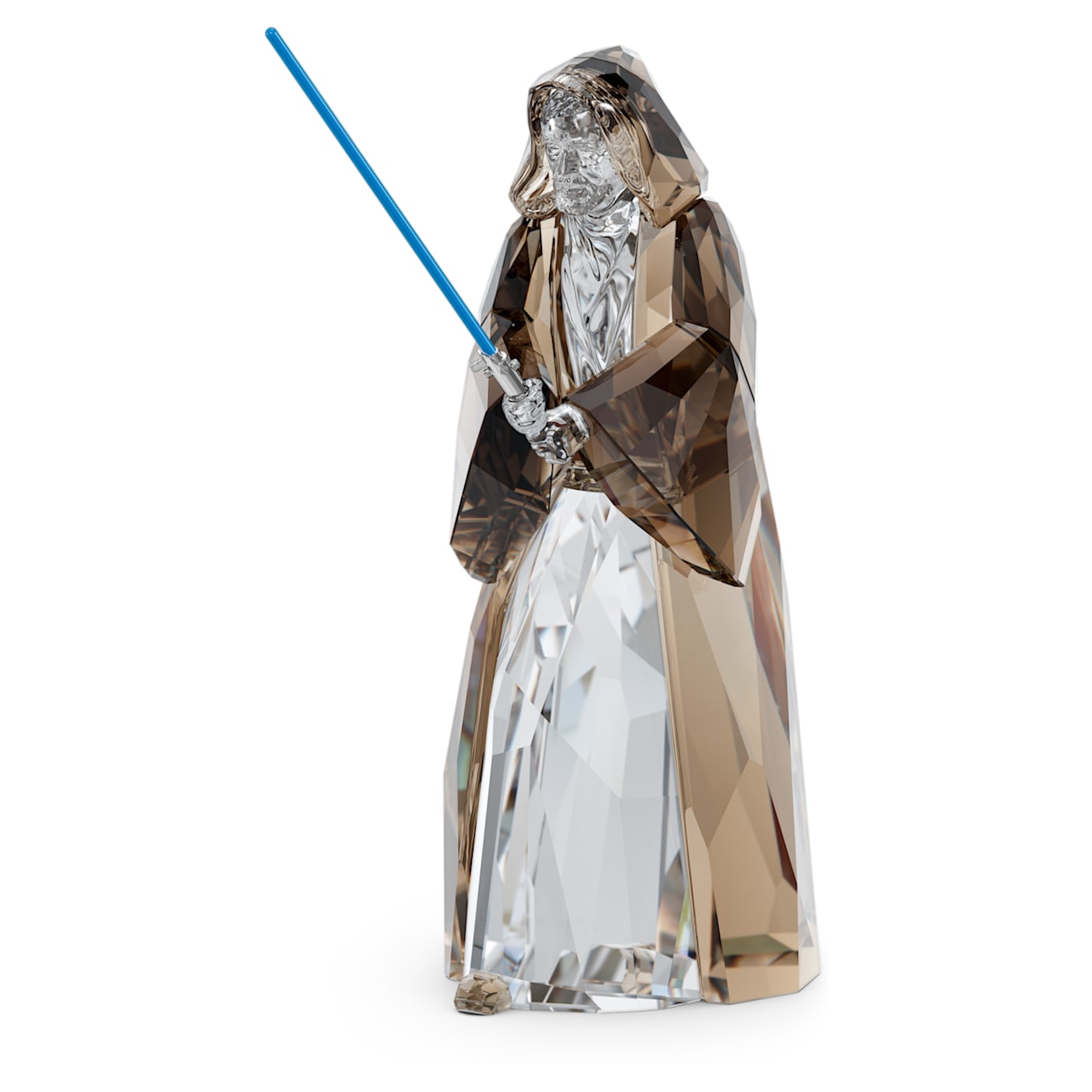 A crystal figurine of Obi-Wan Kenobi from Star Wars, holding a blue lightsaber, with a mix of brown, clear, and gray colors.