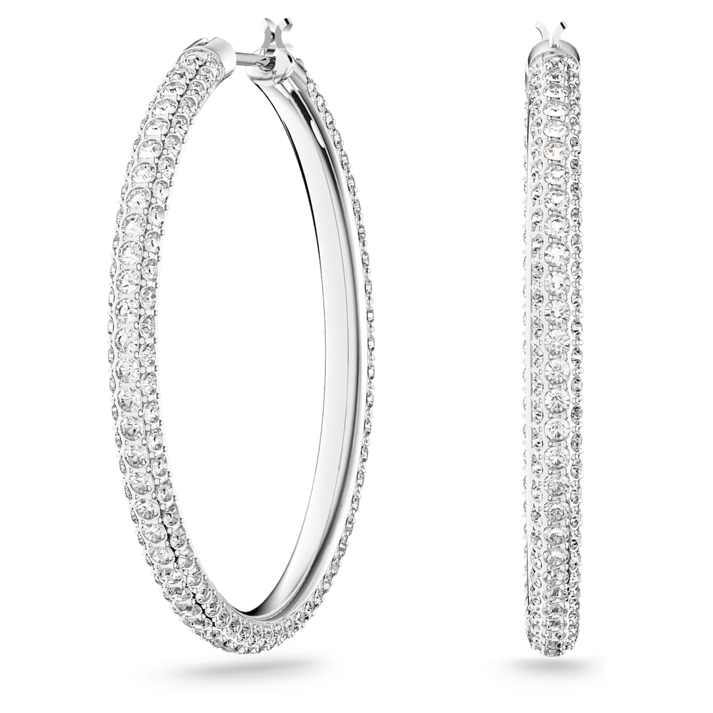 A pair of rhodium-plated white hoop earrings adorned with crystal pavé, displayed against a white background.