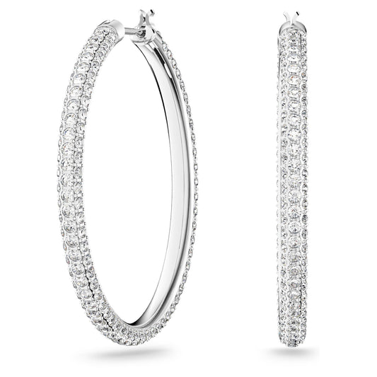 A pair of rhodium-plated white hoop earrings adorned with crystal pavé, displayed against a white background.