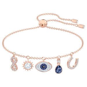 Swarovski Symbolic bracelet Infinity, evil eye and horseshoe, Blue, Rose gold-tone plated