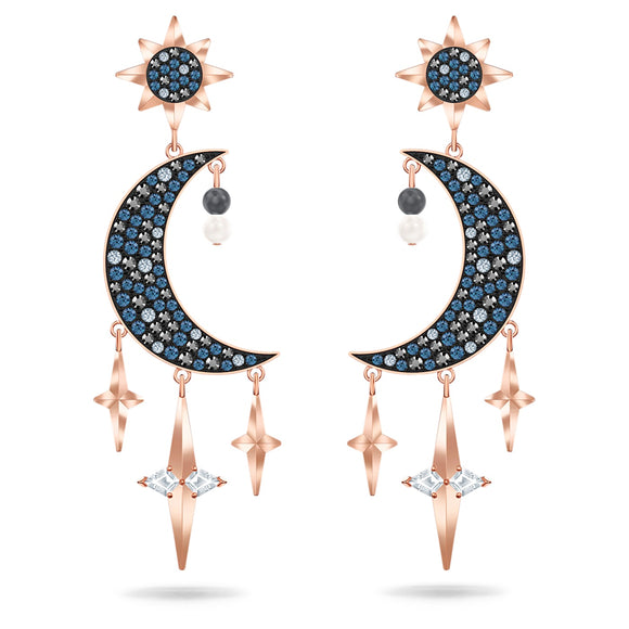 Swarovski-Symbolic earrings Graduated crystals, Moon and star, Multicolored, Rose-gold tone plated 5489536