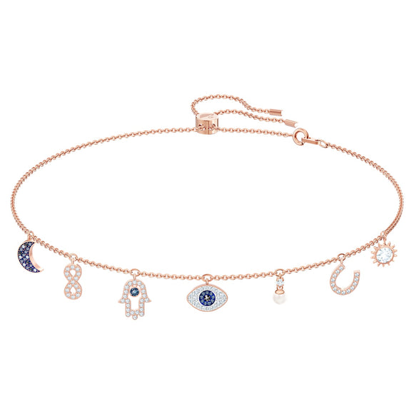 Swarovski Symbolic necklace Moon, infinity, hand, evil eye and horseshoe, Blue, Rose gold-tone plated