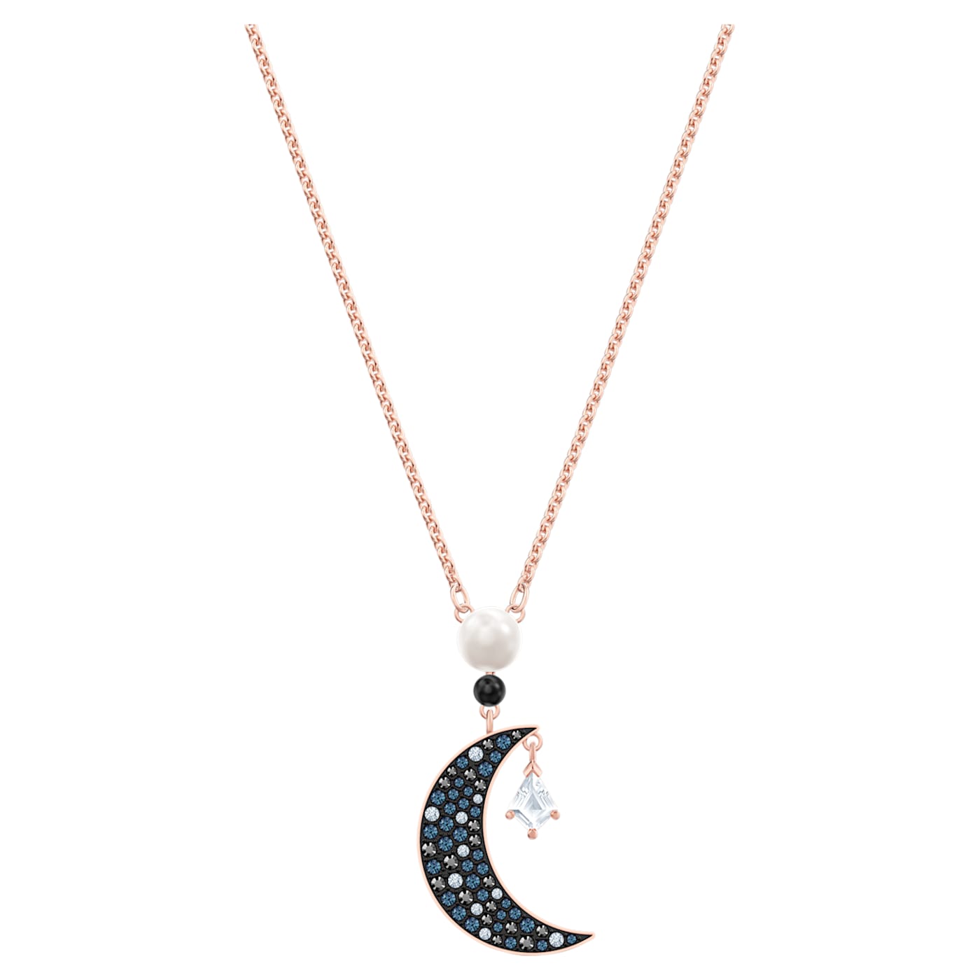 A rose gold-tone plated Swarovski pendant featuring a moon and star motif with blue crystals set in pavé.