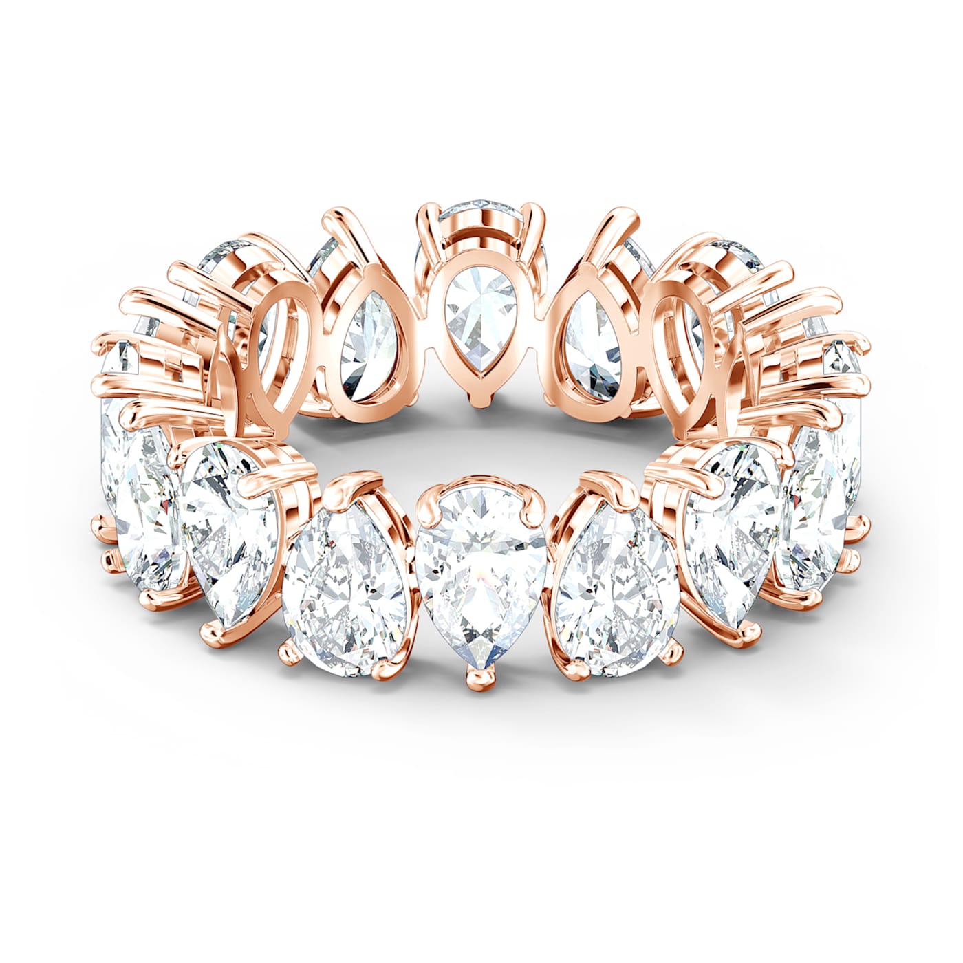 A rose gold-tone plated band ring with pear cut white zirconia stones arranged in a single row.